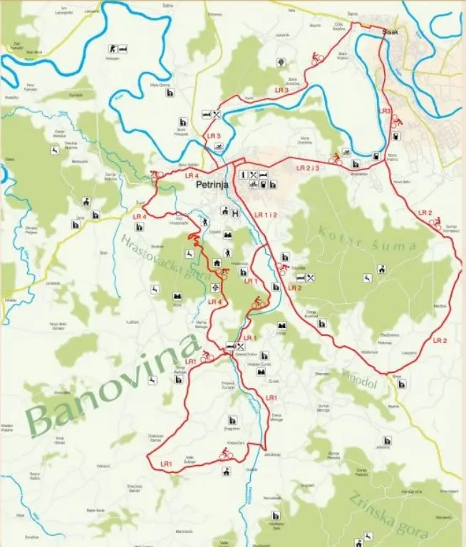 Karta biciklističkih ruta oko Petrinje