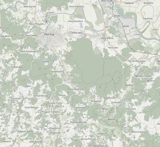 Map of the Petrinja area marking Drvena kuća Babylonica in Moštanica, south-east of Petrinja